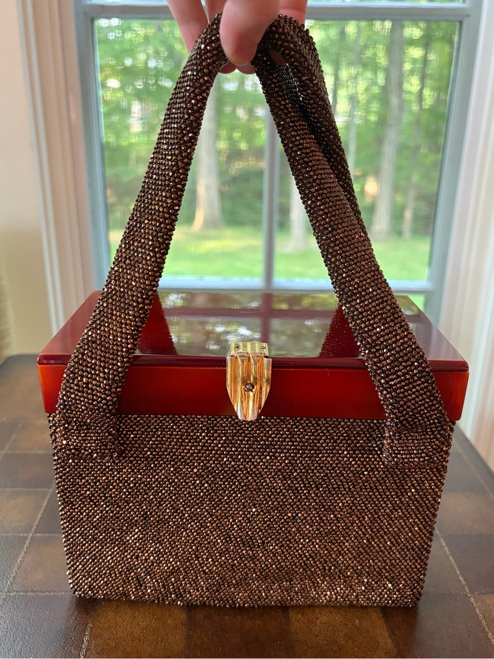 1940’s Antique Vintage Beaded Brown Top-Handle Evening Bag with Gold Clasp